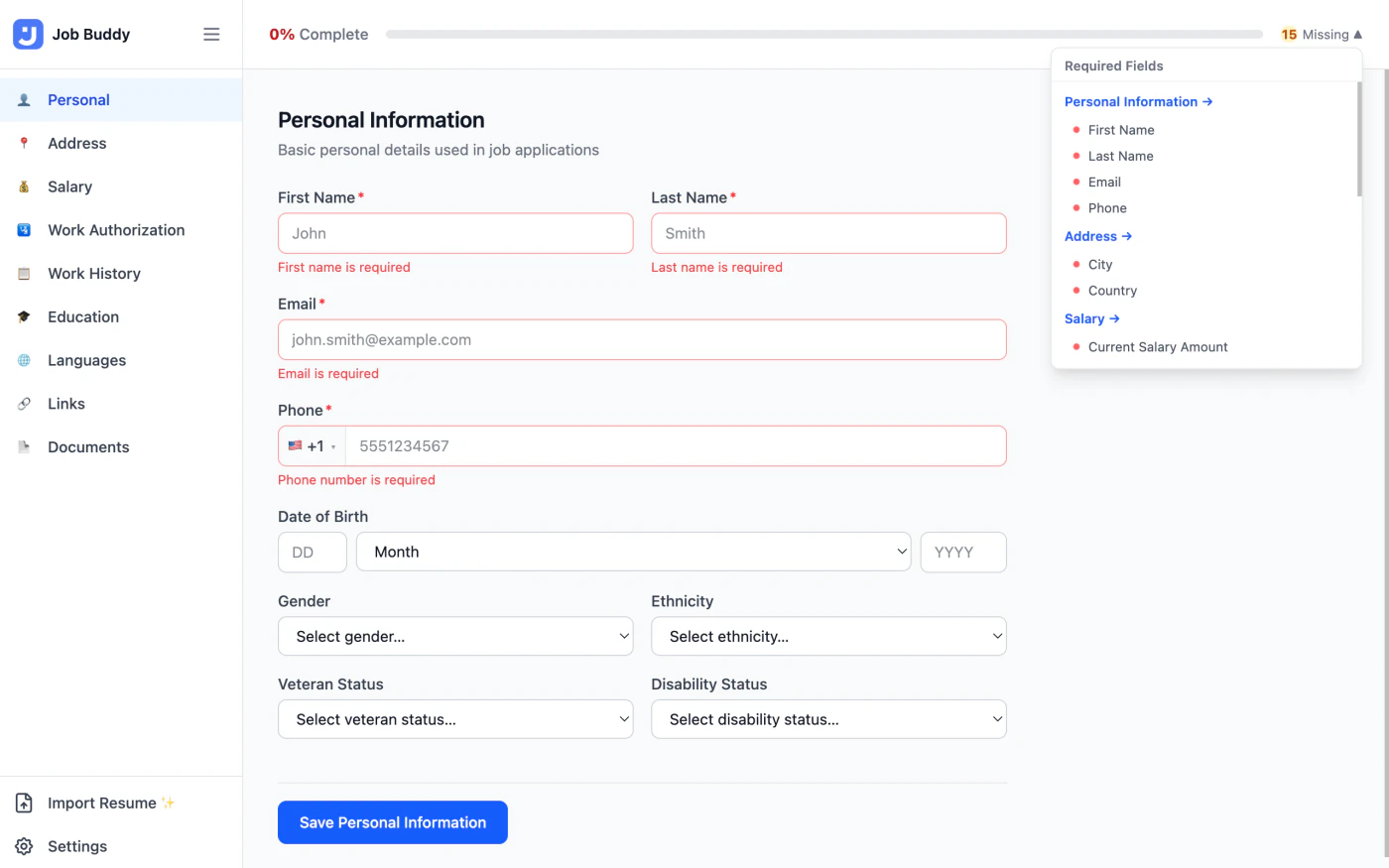 Job Buddy profile editor showing the Personal Information section