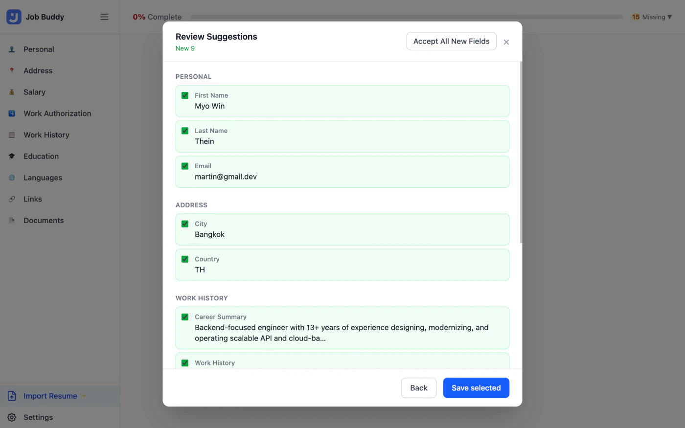 Job Buddy's AI resume import showing a review suggestions dialog with extracted profile fields