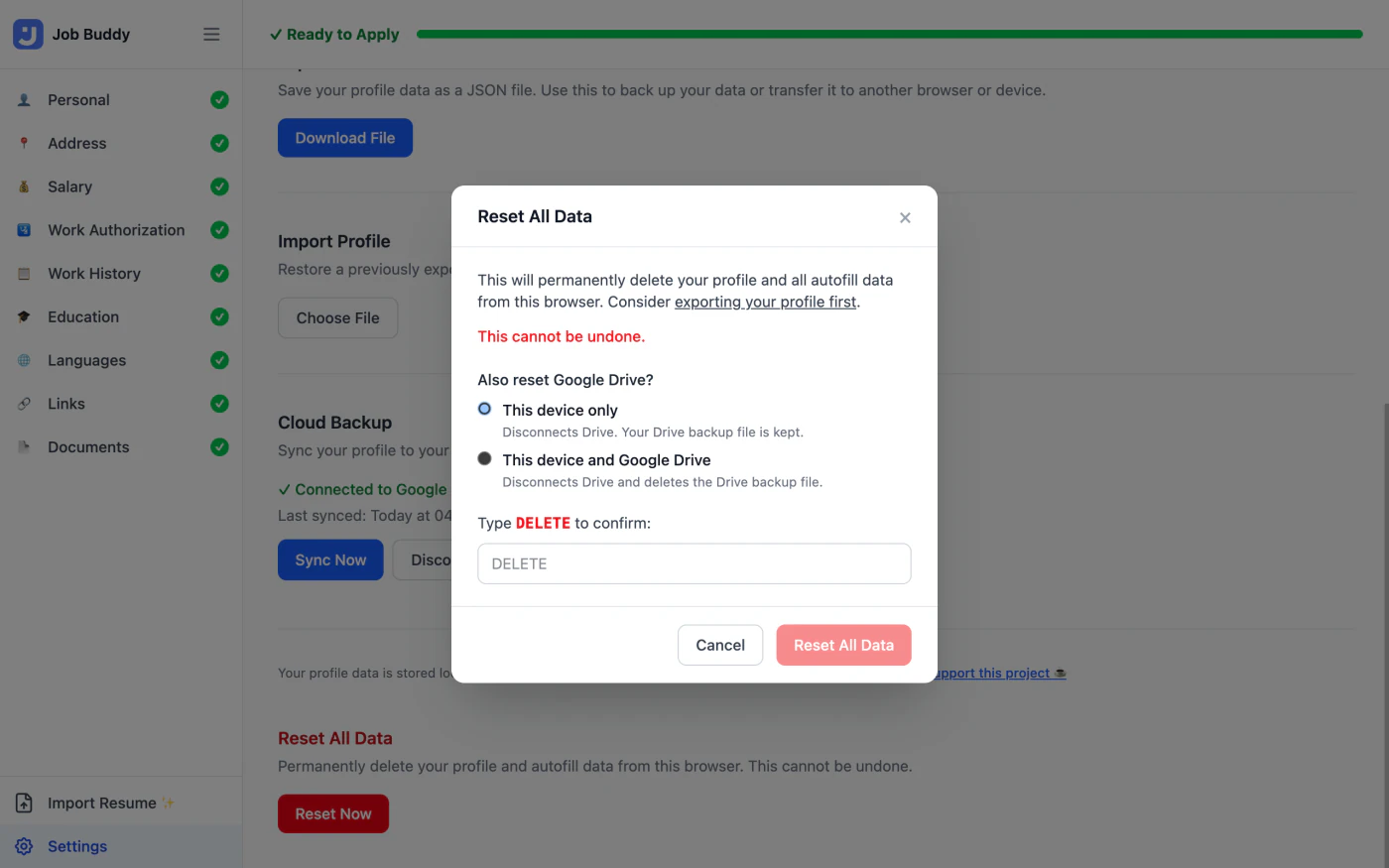 Job Buddy settings and Cloud Backup