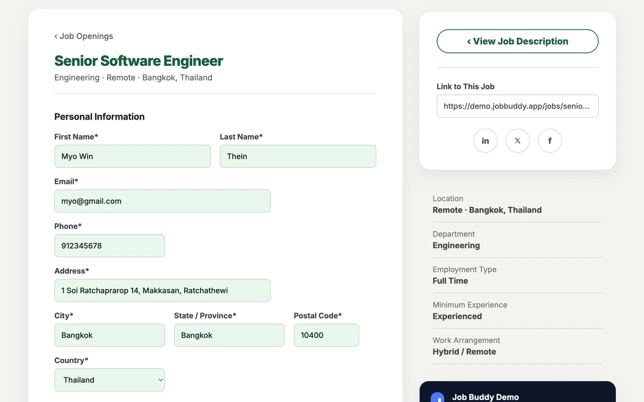 Job Buddy filling a job application form with green-highlighted fields