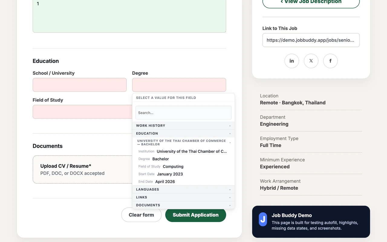 Job Buddy field picker overlay showing profile value options